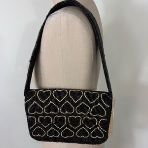 New Studio 12 Black Gold Beaded Heart‎ Shoulder Bag Evening Purse Handmade India